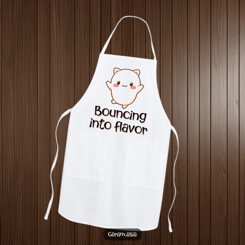Funny kawaii wagashi character doing a cheerful hop on a cute kitchen apron.