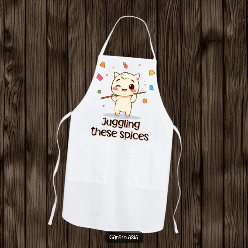 Funny apron showcasing a Kawaii chopsticks character juggling colorful abstract shapes, designed for kitchen fun and artistic flair.