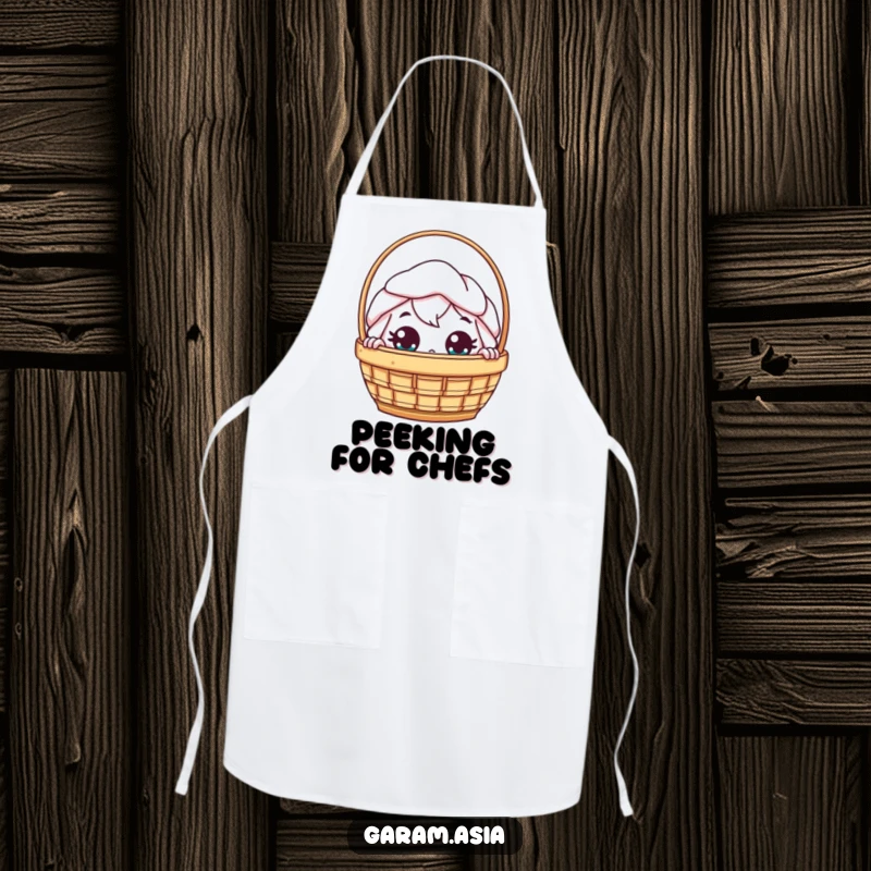 Funny kawaii dim sum basket character peeking with wide eyes on a cute kitchen apron.