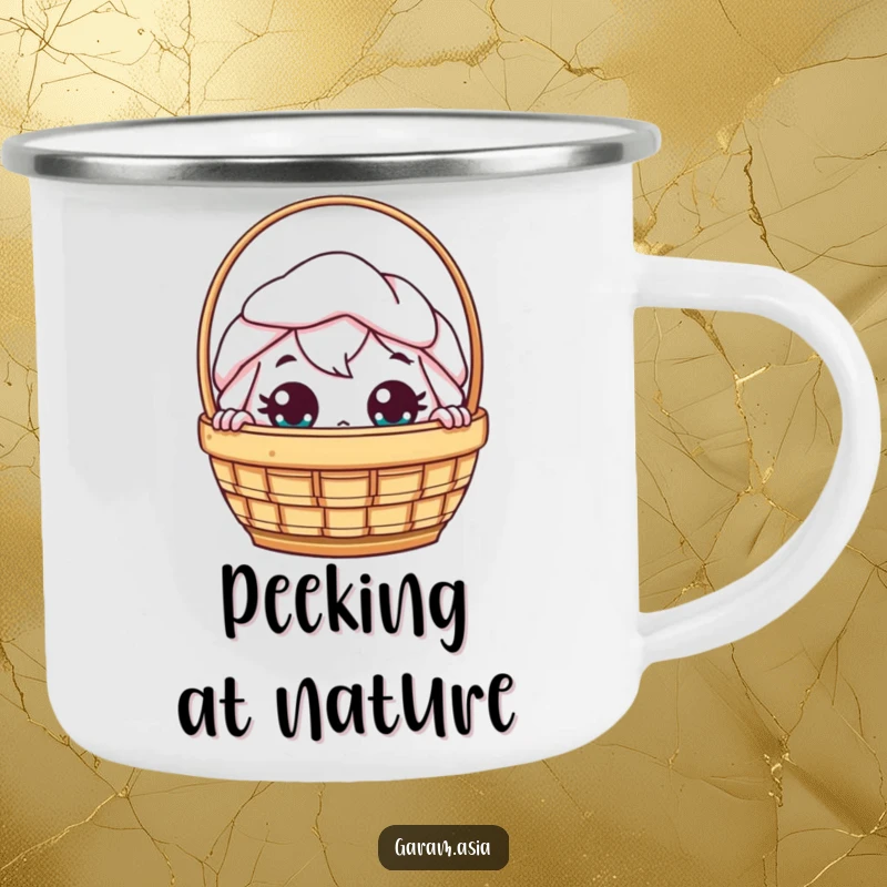 Funny kawaii dim sum basket character peeking with wide eyes on a durable camping mug.
