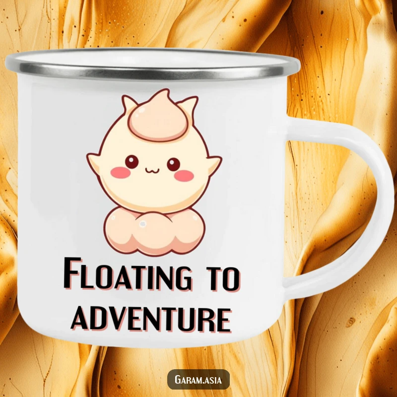 Funny camping mug with a kawaii wonton character cheerfully floating on a bubble. A durable and funny gift for outdoor lovers.