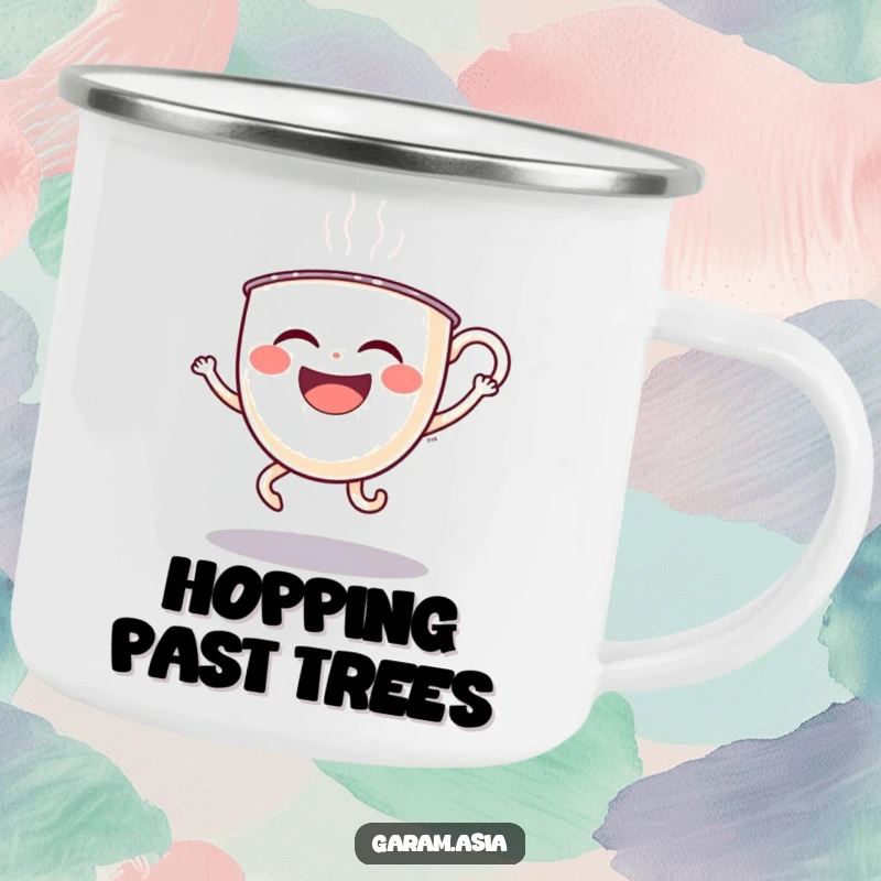 A sturdy camping mug featuring a funny laughing boba tea cup with wobbly legs doing a silly hop; perfect for outdoor enjoyment.