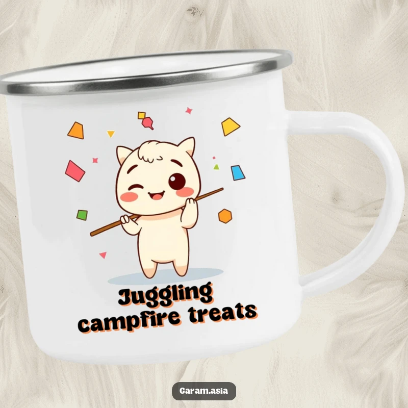Funny camping mug with a Kawaii chopsticks character juggling abstract shapes, perfect for outdoor adventures and artistic brews.