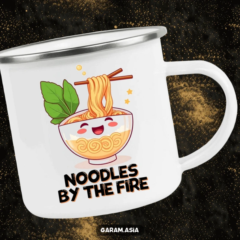 A sturdy camping mug featuring a funny, cheerful bowl of ramen juggling chopsticks; perfect for enjoying drinks outdoors with humor.