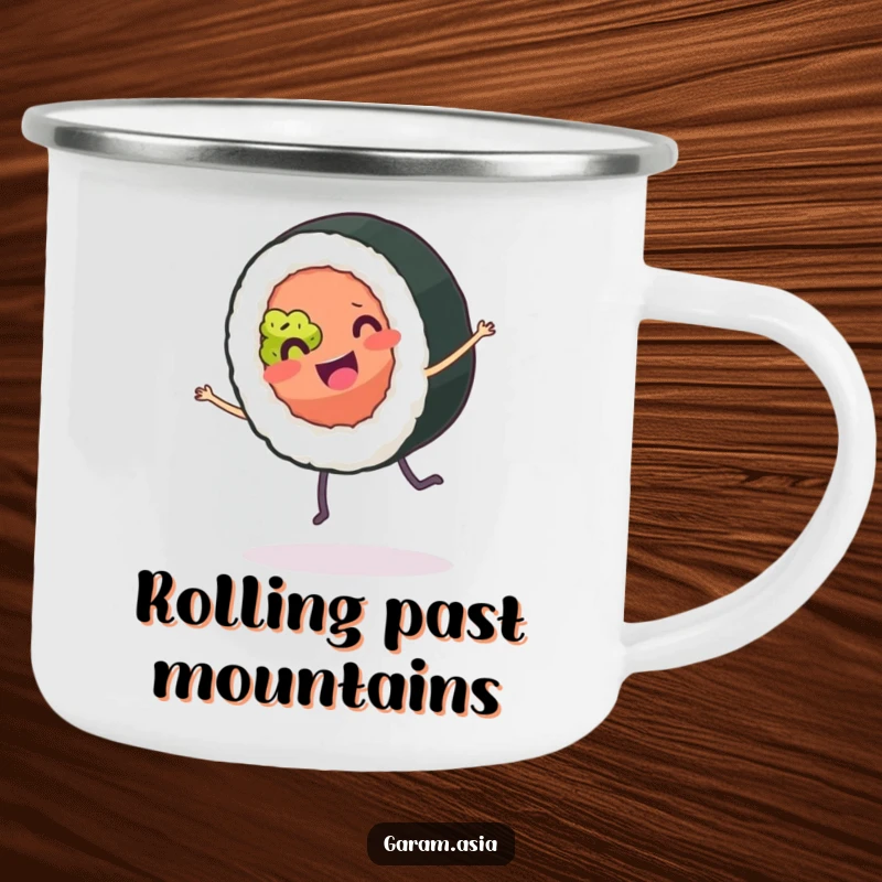 A sturdy camping mug featuring a funny sushi roll doing a joyful cartwheel; perfect for enjoying drinks outdoors with a dose of humor.