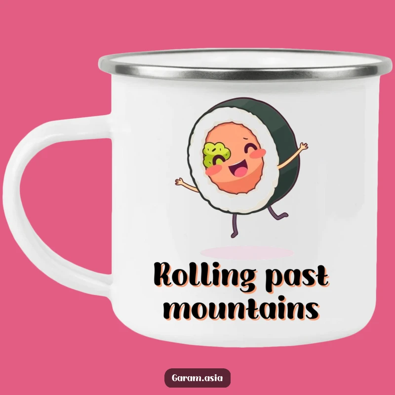 Funny Sushi Roll Camping Mug: Joyful Cartoon Fuel for Outdoor Adventures