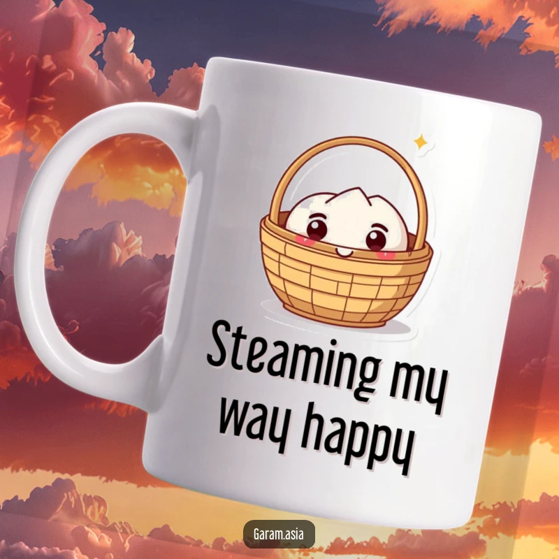 Funny mug featuring a kawaii dim sum basket character looking absolutely delighted and ready to bring joy. A cute and funny gift.