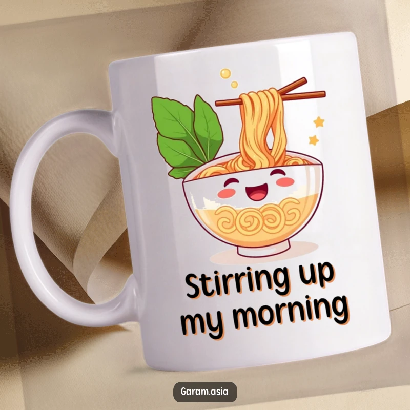 A cheerful bowl of ramen artfully juggling chopsticks, depicted on a funny mug; a delightful gift for noodle lovers.