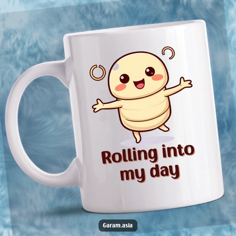 Funny mug featuring a kawaii spring roll character gracefully doing a twirl with cheerful loops. A delightful and funny gift.