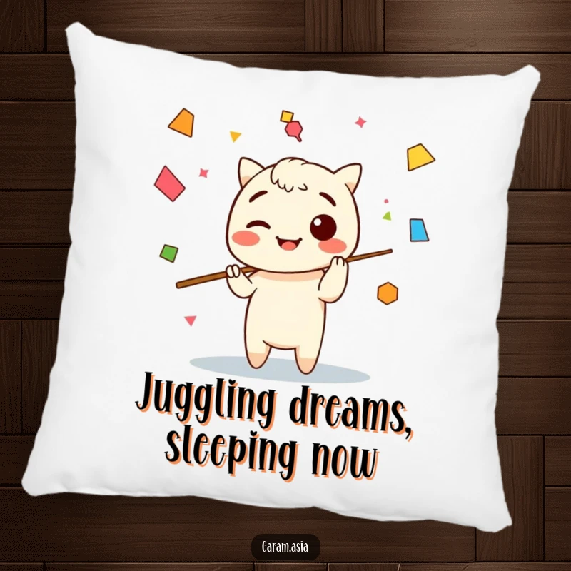 Funny pillow featuring a Kawaii chopsticks character juggling abstract shapes, adding cozy artistic charm to any room.