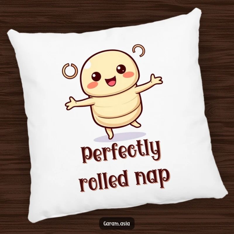 Funny pillow with a soft kawaii spring roll character in a charming twirl. A cute and funny home accent.
