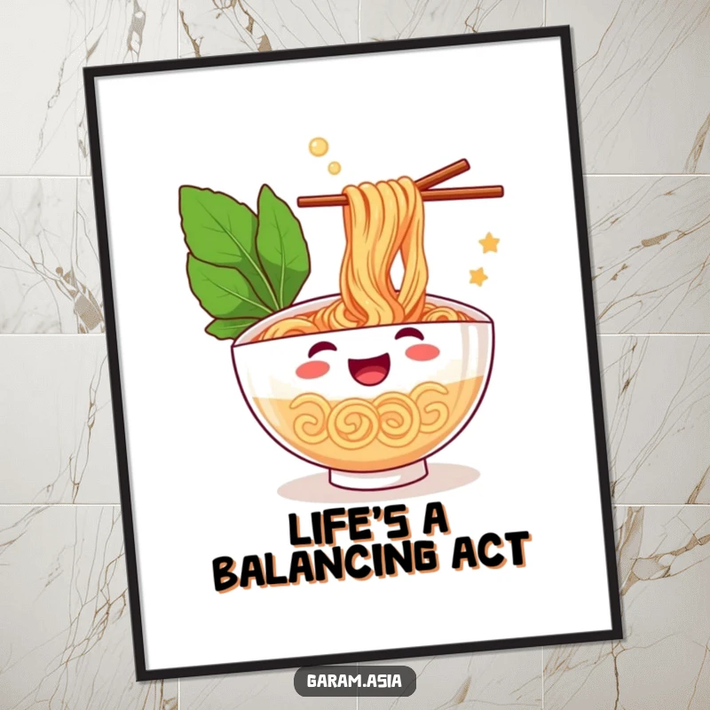 High-resolution digital art print of a funny, cheerful bowl of ramen juggling chopsticks; instant playful decor for food enthusiasts.