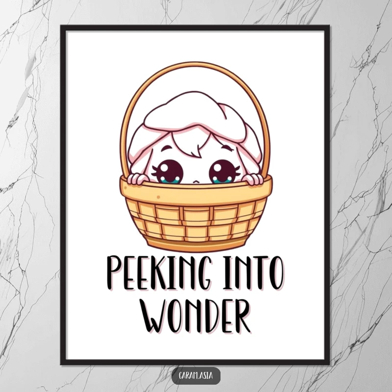 Funny kawaii dim sum basket character peeking with wide eyes, a digital art print.