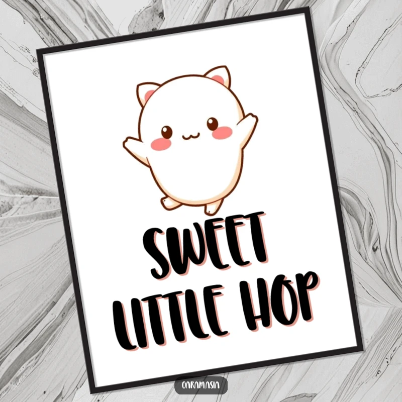 Funny kawaii wagashi character doing a cheerful little hop, a digital art print.