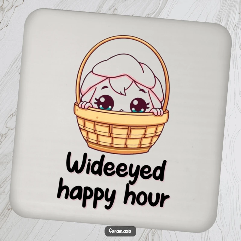 Funny kawaii dim sum basket character peeking with wide eyes on a set of drink coasters.