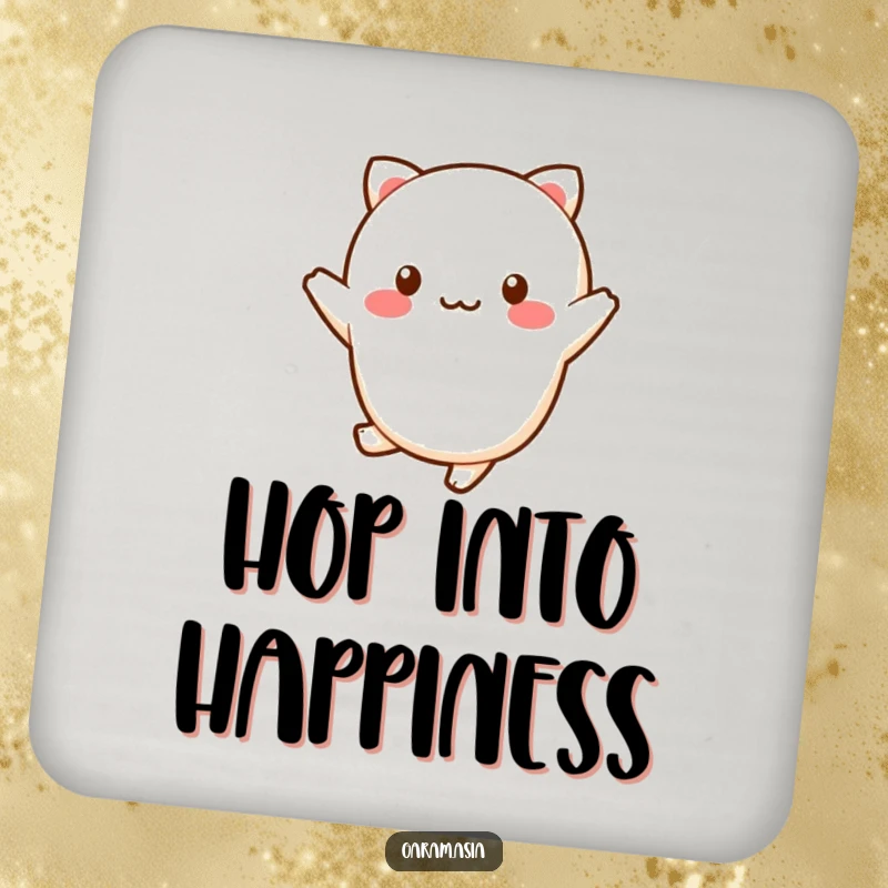 Funny kawaii wagashi character doing a cheerful hop on a set of drink coasters.