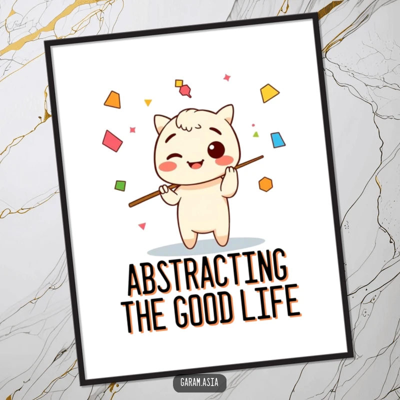 Funny poster of a Kawaii chopsticks character playfully juggling abstract shapes, radiating cheerful energy and artistic charm.