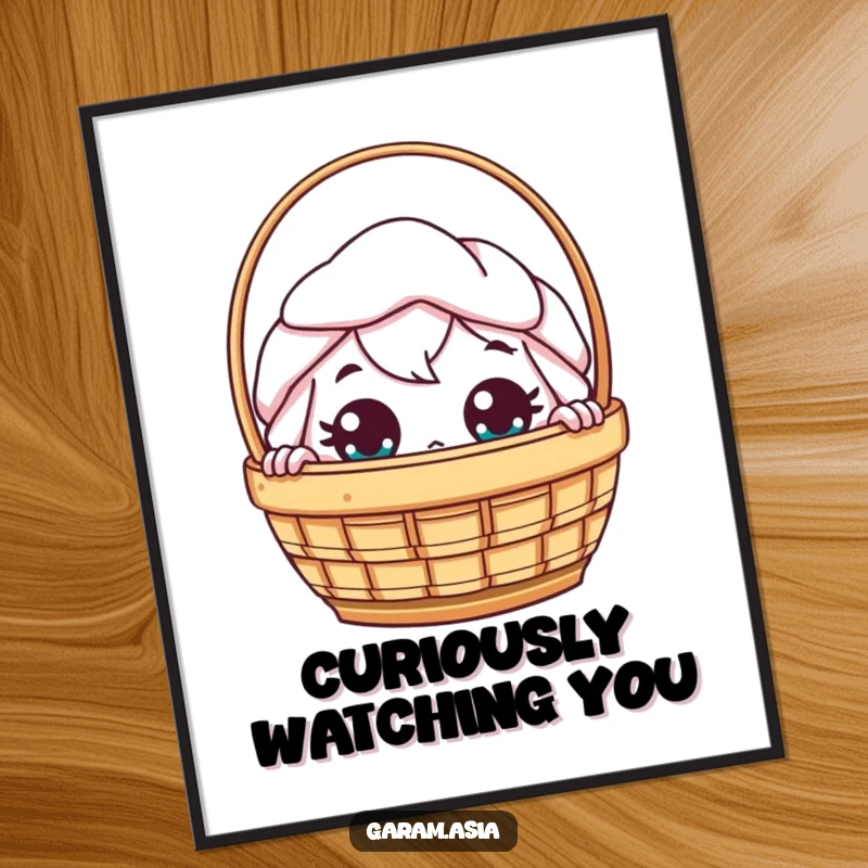 Funny kawaii dim sum basket character peeking with wide eyes on a vibrant art print.