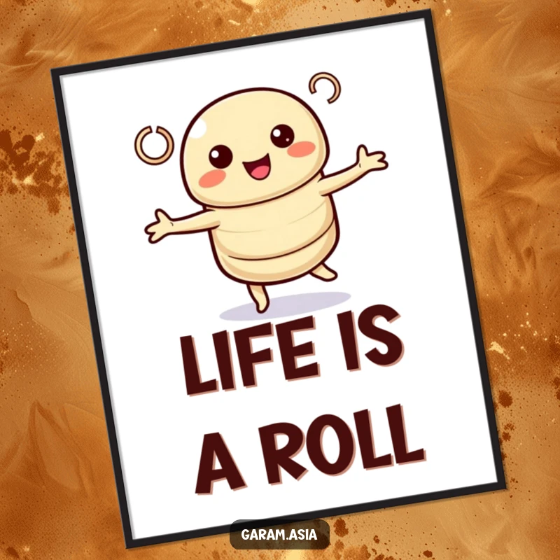 Funny poster art of a kawaii spring roll character performing a cheerful twirl with looping lines. Humorous and visually dynamic.