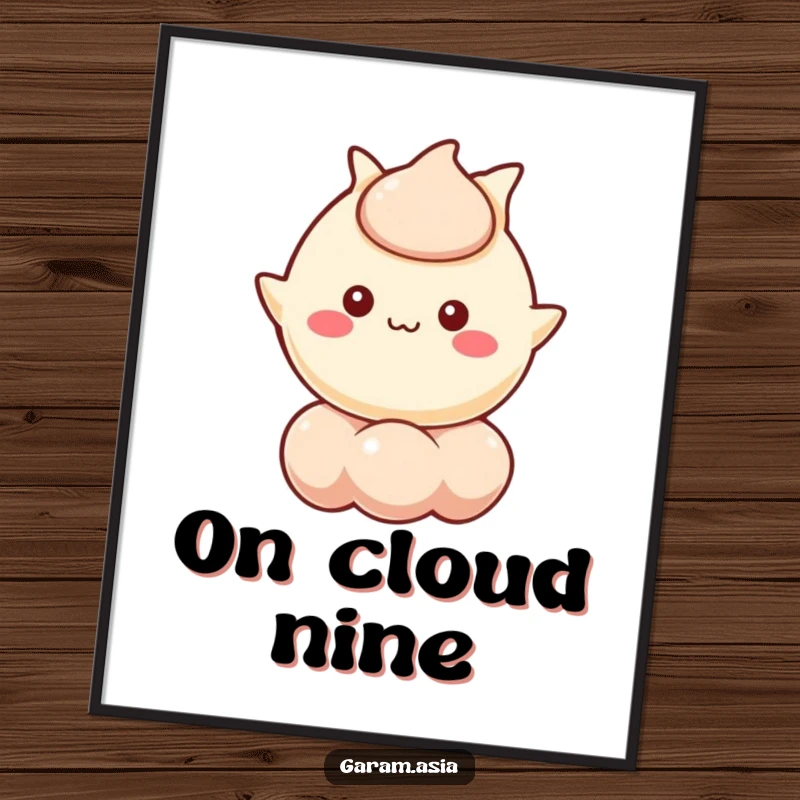 Funny poster art of a kawaii wonton character cheerfully floating on a bubble. Humorous and visually delightful.