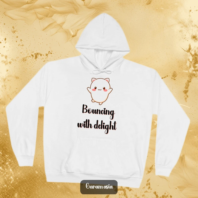 Funny kawaii wagashi character doing a cheerful little hop on a soft, warm hoodie.