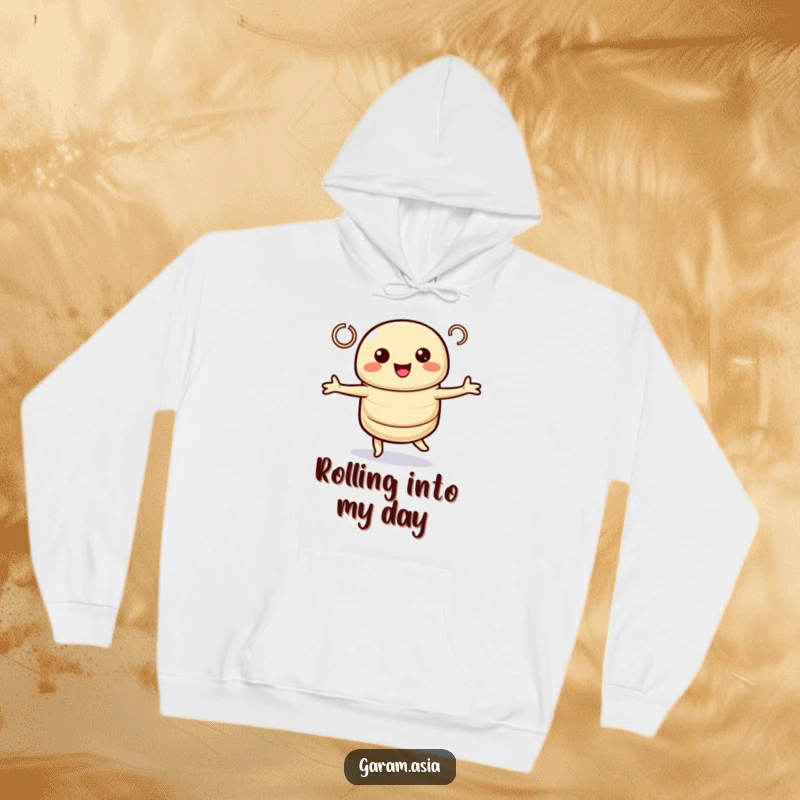 Funny hoodie with a kawaii spring roll character in a dynamic, cheerful twirl. A warm and funny gift for any occasion.
