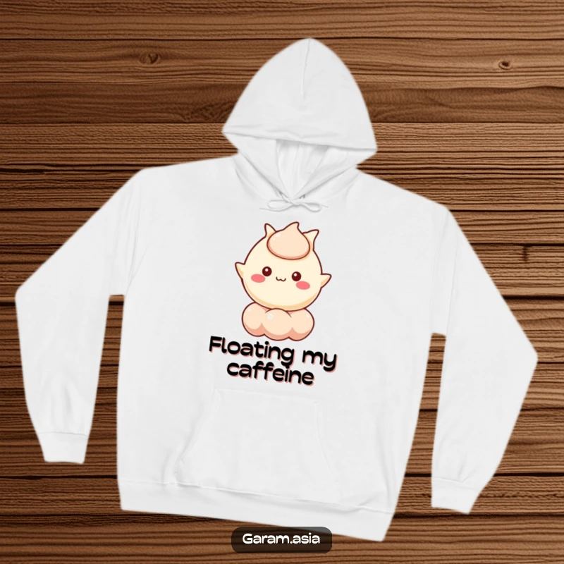 Funny hoodie with a kawaii wonton character cheerfully floating on a stylized bubble. A warm and funny gift idea.