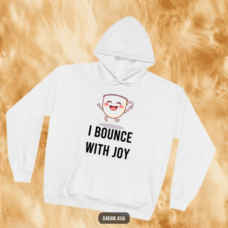 A warm and cozy hoodie featuring a funny laughing boba tea cup with wobbly legs doing a silly hop; great for casual wear.