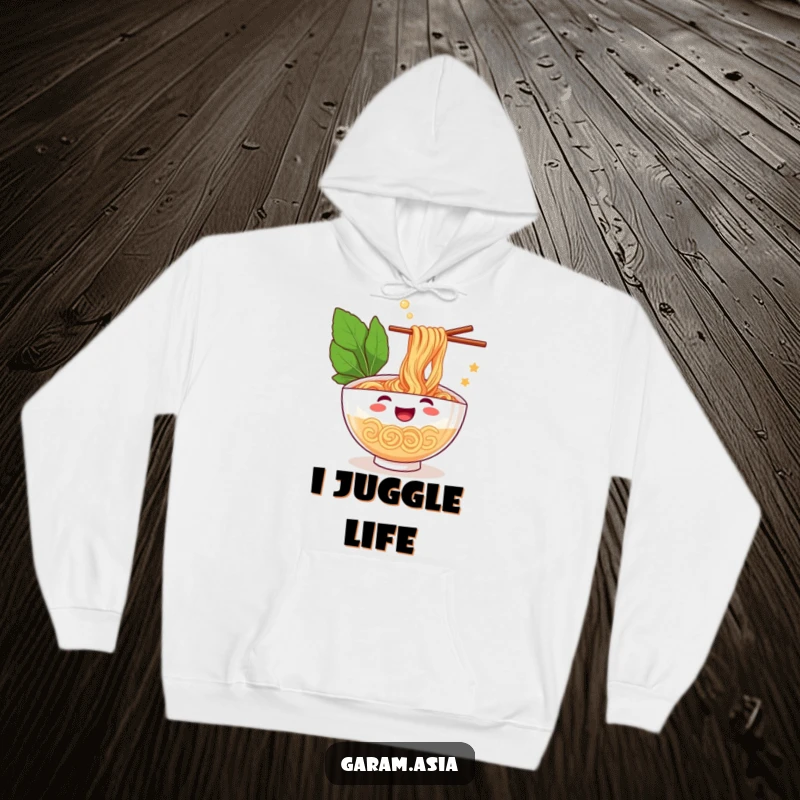 A warm and cozy hoodie featuring a funny ramen bowl cheerfully juggling chopsticks; perfect for comfortable, humorous wear.