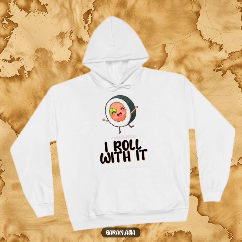A warm and cozy hoodie featuring a funny sushi roll character joyfully doing a cartwheel; ideal for comfortable, humorous wear.