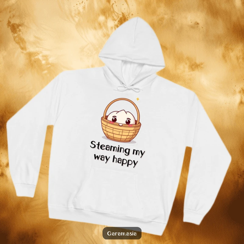Funny hoodie showcasing a kawaii dim sum basket character with an extremely delighted and happy expression. A warm and funny gift idea.