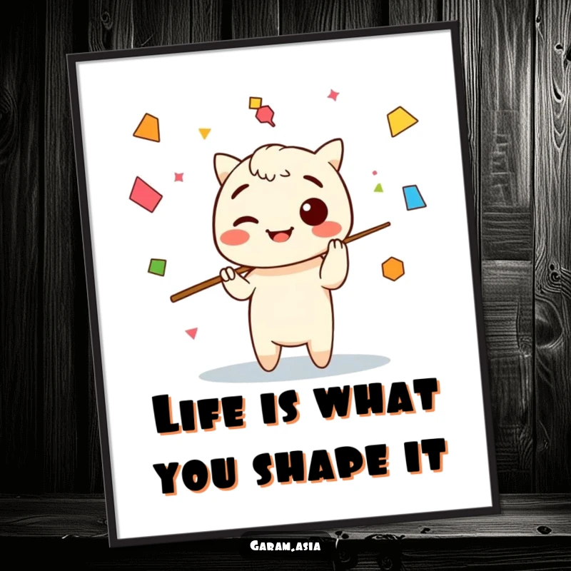 Funny Free Printable Kawaii Chopsticks Wall Art: A cute chopsticks character juggling tiny, colorful abstract shapes, adding playful energy to decor.