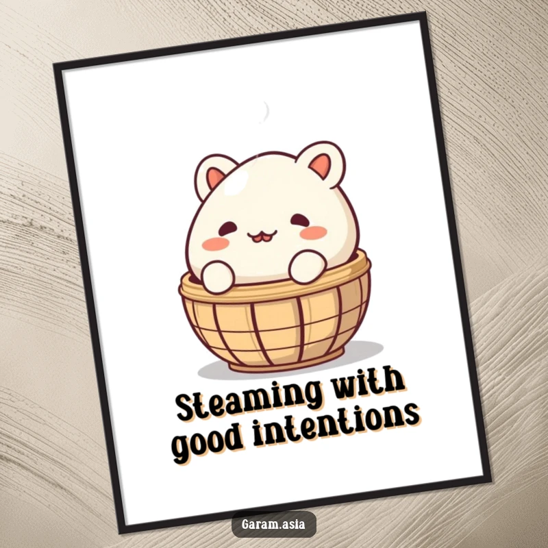 Funny Free Printable Wall Art: A mischievous bao bun peeking out from a steaming basket. Cute and humorous decor.