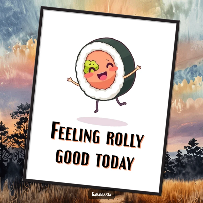 Funny Free Printable Wall Art: A smiling sushi roll with tiny legs, mid-cartwheel, full of joyful energy. Playful decor.