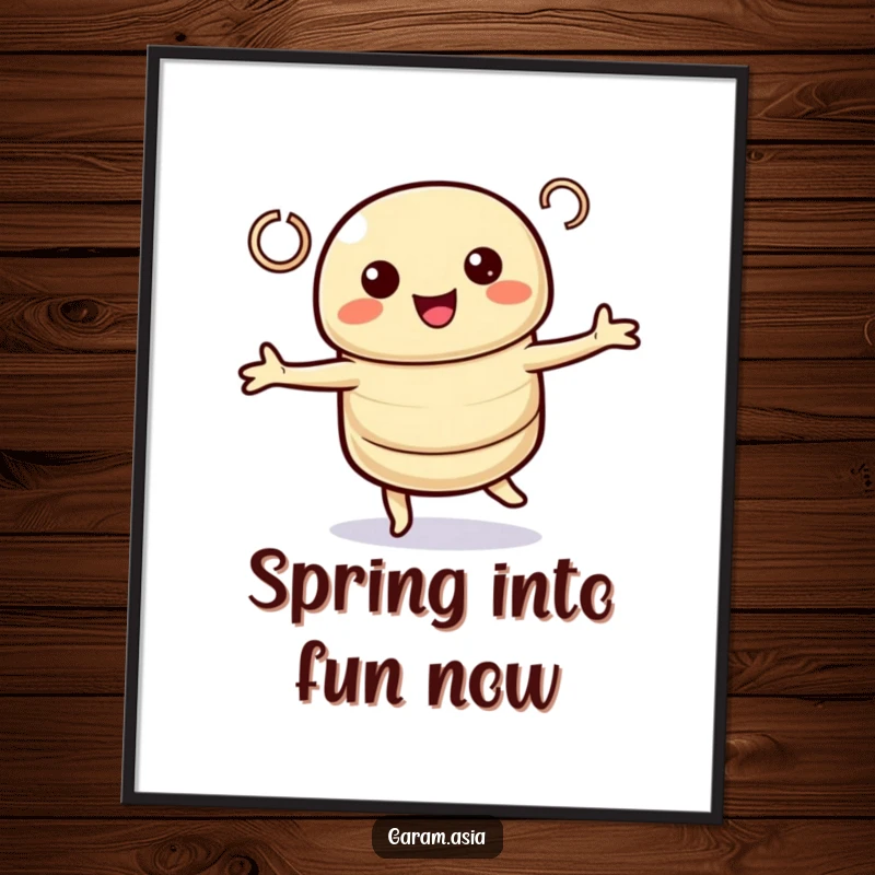 Funny Free Printable Wall Art: a kawaii spring roll character performing a delighted twirl with energetic, joyful loops.
