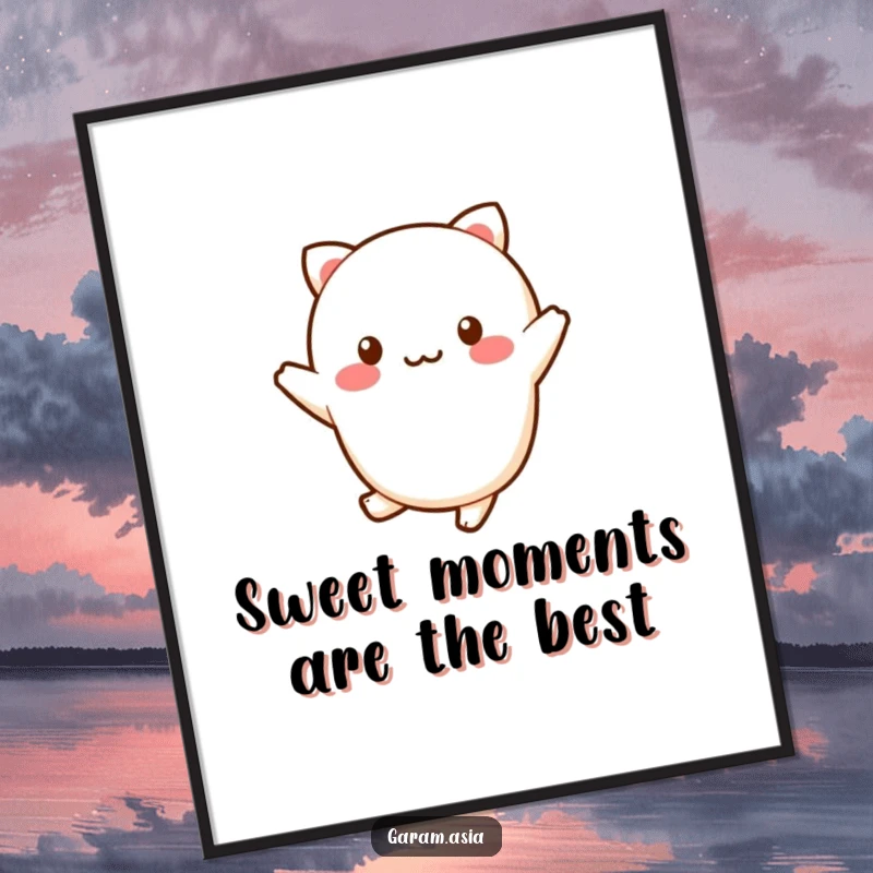 Funny Free Printable Wall Art of a kawaii wagashi character captured mid-hop, radiating pure joy and sweetness in a playful pose.