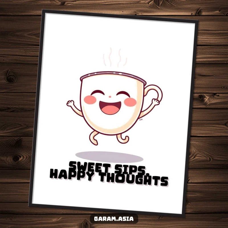 Funny Free Printable Wall Art: A laughing boba tea cup with wobbly legs, doing a silly hop. Whimsical and fun decor.