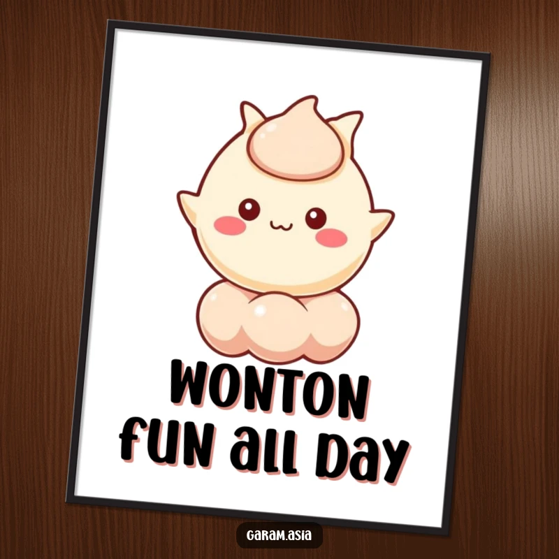 Funny Free Printable Wall Art: a kawaii wonton character cheerfully floating high on a stylized bubble, bringing joy.