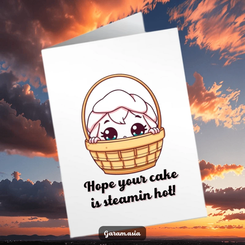 Funny Free Printable Birthday card featuring a kawaii dim sum basket character peeking with huge, curious eyes, ready for a birthday surprise.
