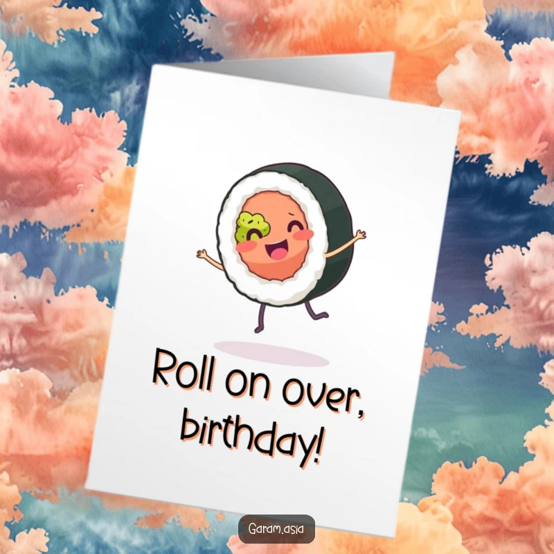Funny Free Printable Birthday Card: A smiling sushi roll with tiny legs, joyfully performing a cartwheel. Perfect for birthdays.