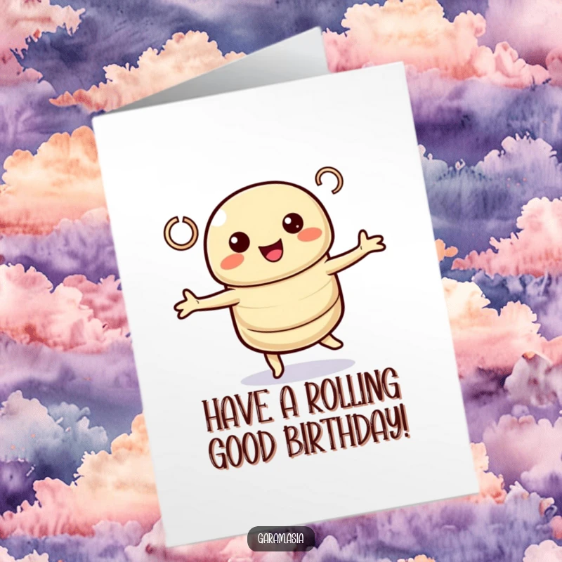 Funny Free Printable Birthday Card: a kawaii spring roll character joyfully twirling with cheerful loops, spreading birthday cheer.