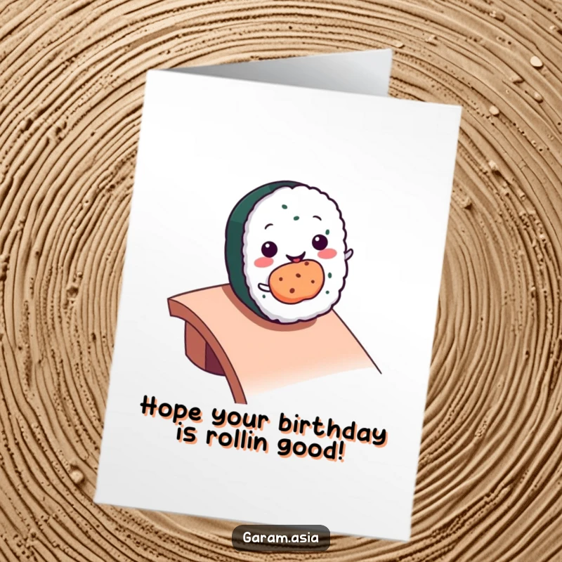 Funny Free Printable Birthday card featuring a smiling kawaii sushi roll character joyfully rolling down a ramp, full of birthday cheer.