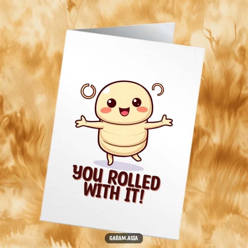 Free Printable Congratulations Card featuring a kawaii spring roll character doing a happy twirl, celebrating success with loops.