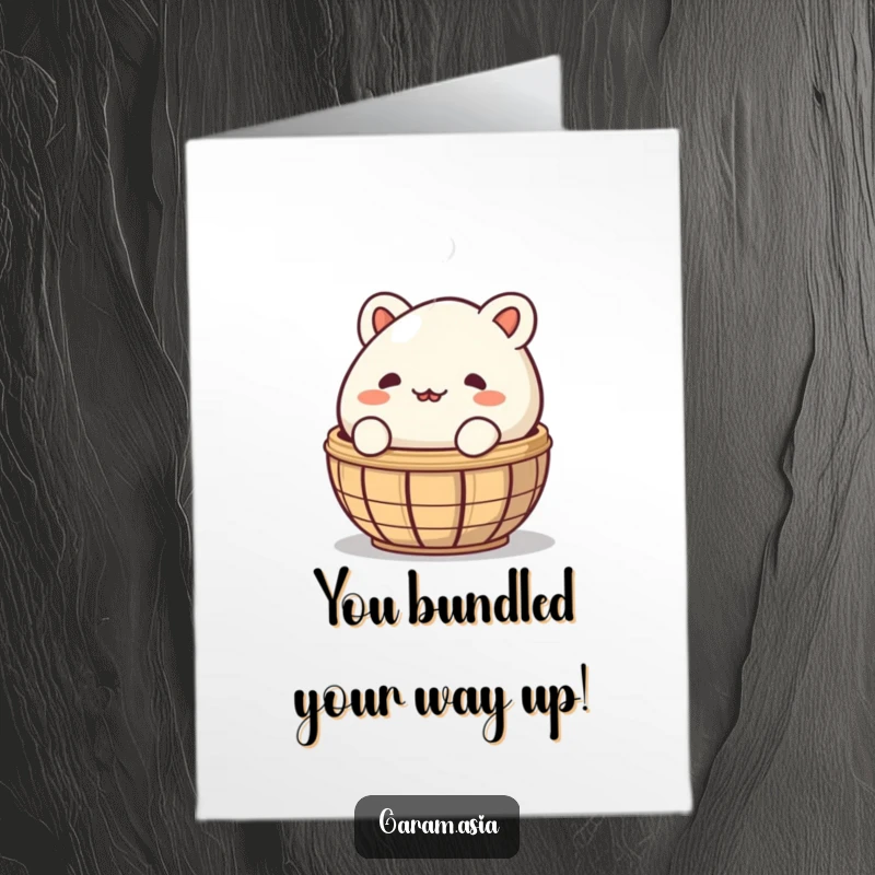 Funny Free Printable Congratulations Card: A sneaky bao bun peeking from a steaming basket, full of playful mischief. Great for congrats.
