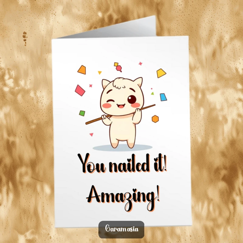 Funny Free Printable Kawaii Chopsticks Congratulations Card: A cute character juggling abstract shapes to celebrate an achievement with flair.