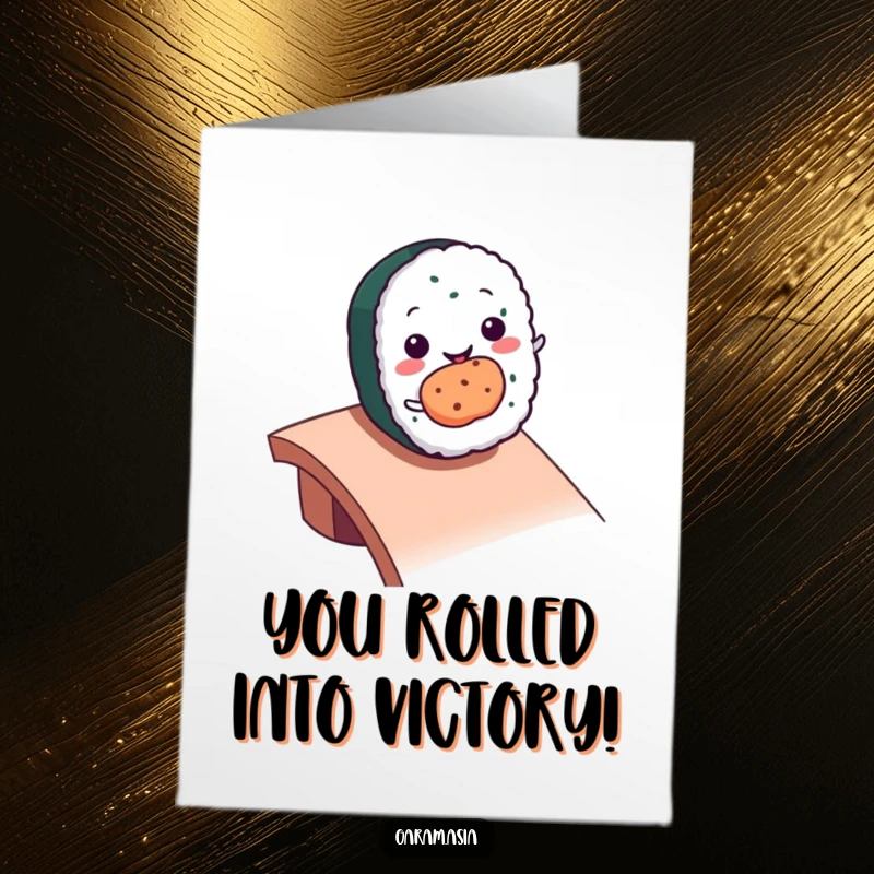 Funny Free Printable Congratulations card with a happy kawaii sushi roll character on a triumphant roll down a ramp, celebrating success.