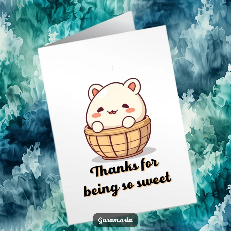 Funny Free Printable Thank You Card: A mischievous bao bun peeking coyly from a steaming basket. Perfect for expressing thanks.