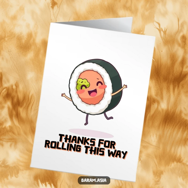 Funny Free Printable Thank You Card: A happy sushi roll with small legs, performing an energetic cartwheel. Perfect for thanks.