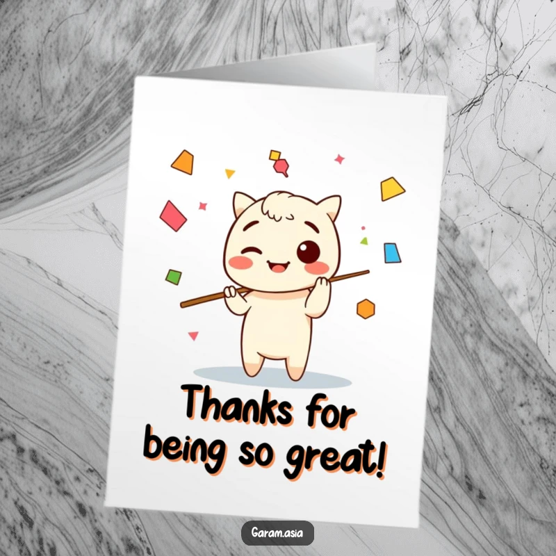 Funny Free Printable Kawaii Chopsticks Thank You Card: A cute chopsticks character playfully juggling colorful abstract shapes to express gratitude.