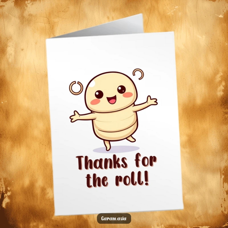 Funny Free Printable Thank You Card: a kawaii spring roll character doing a celebratory twirl, expressing thanks.